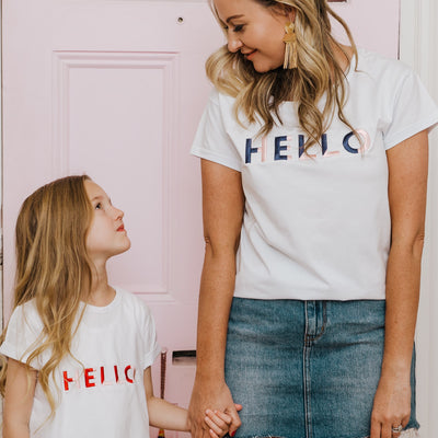 Women's T-Shirt - Hello (White with Navy/Pale Pink) - Branche Store