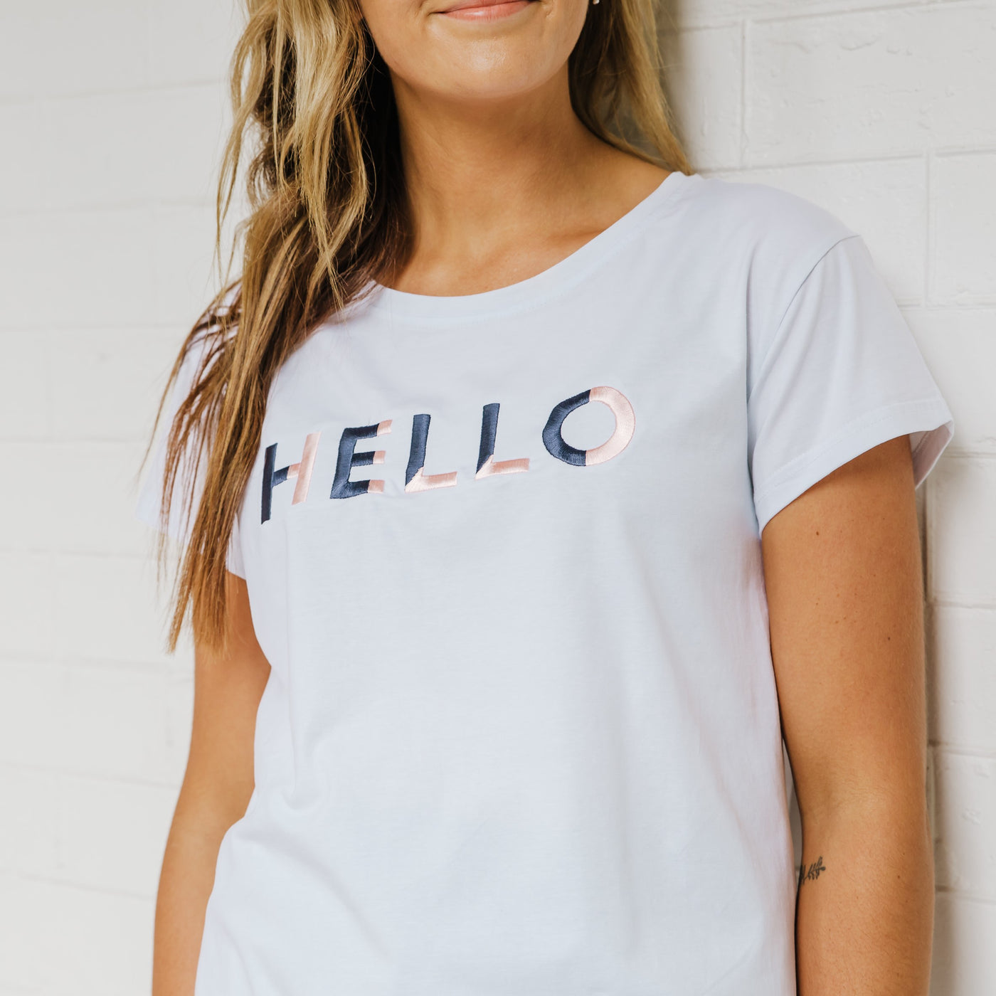Women's T-Shirt - Hello (White with Navy/Pale Pink) - Branche Store
