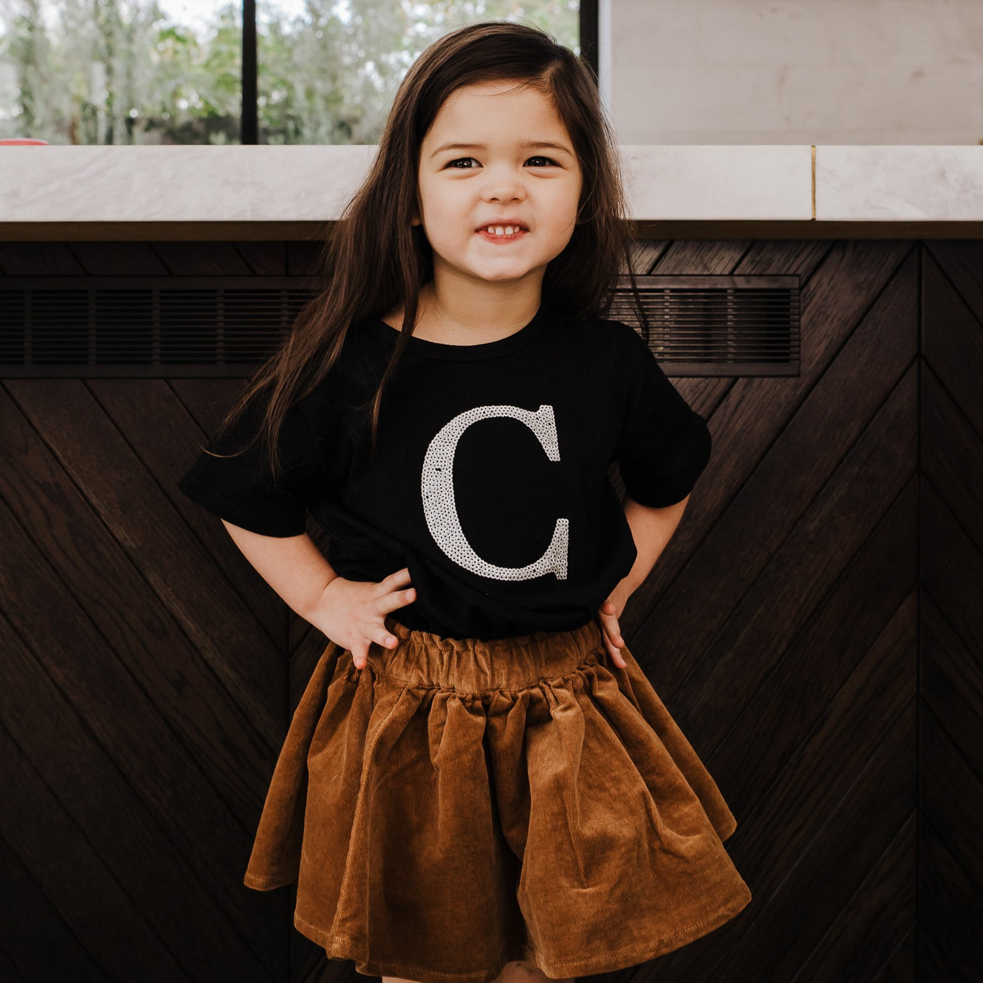 Girls Monogram T-Shirt - Black with Silver Sequin - Branche Store