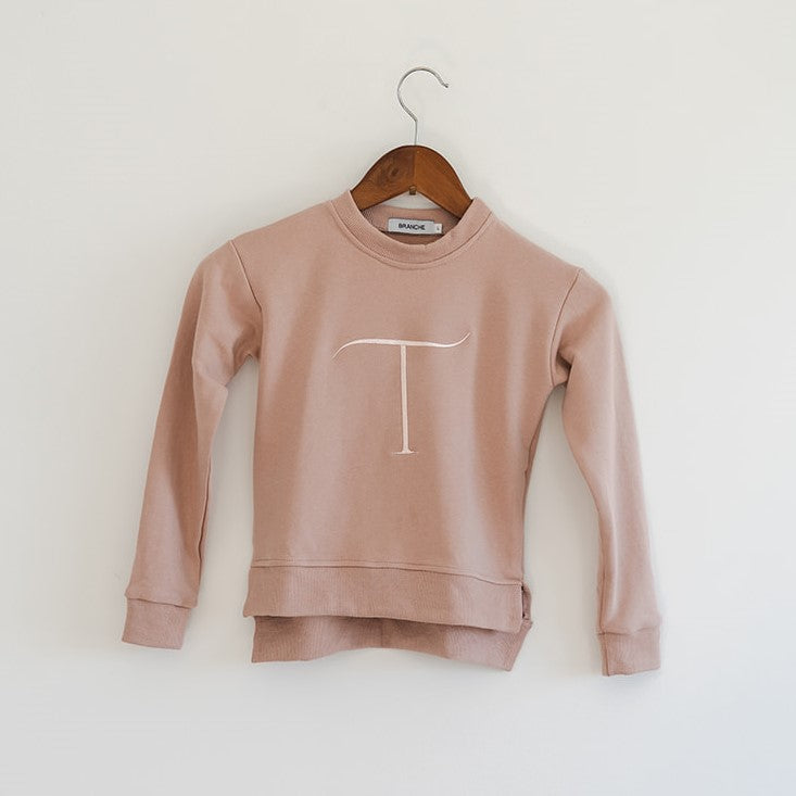 Girls Monogram Sweater - Tea Rose with embroidered initial - Branche Store