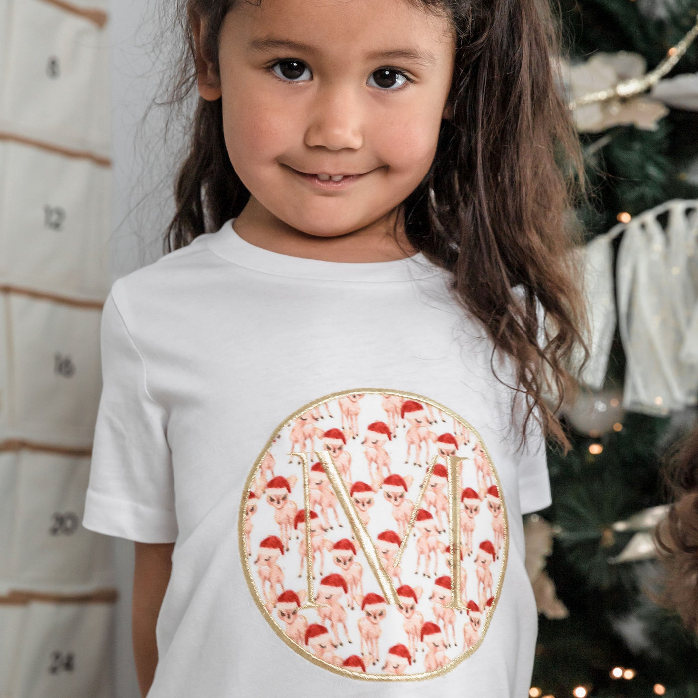 Kids Reindeer Christmas Monogram T-shirt - Applique Christmas print with monogram - Branche Store