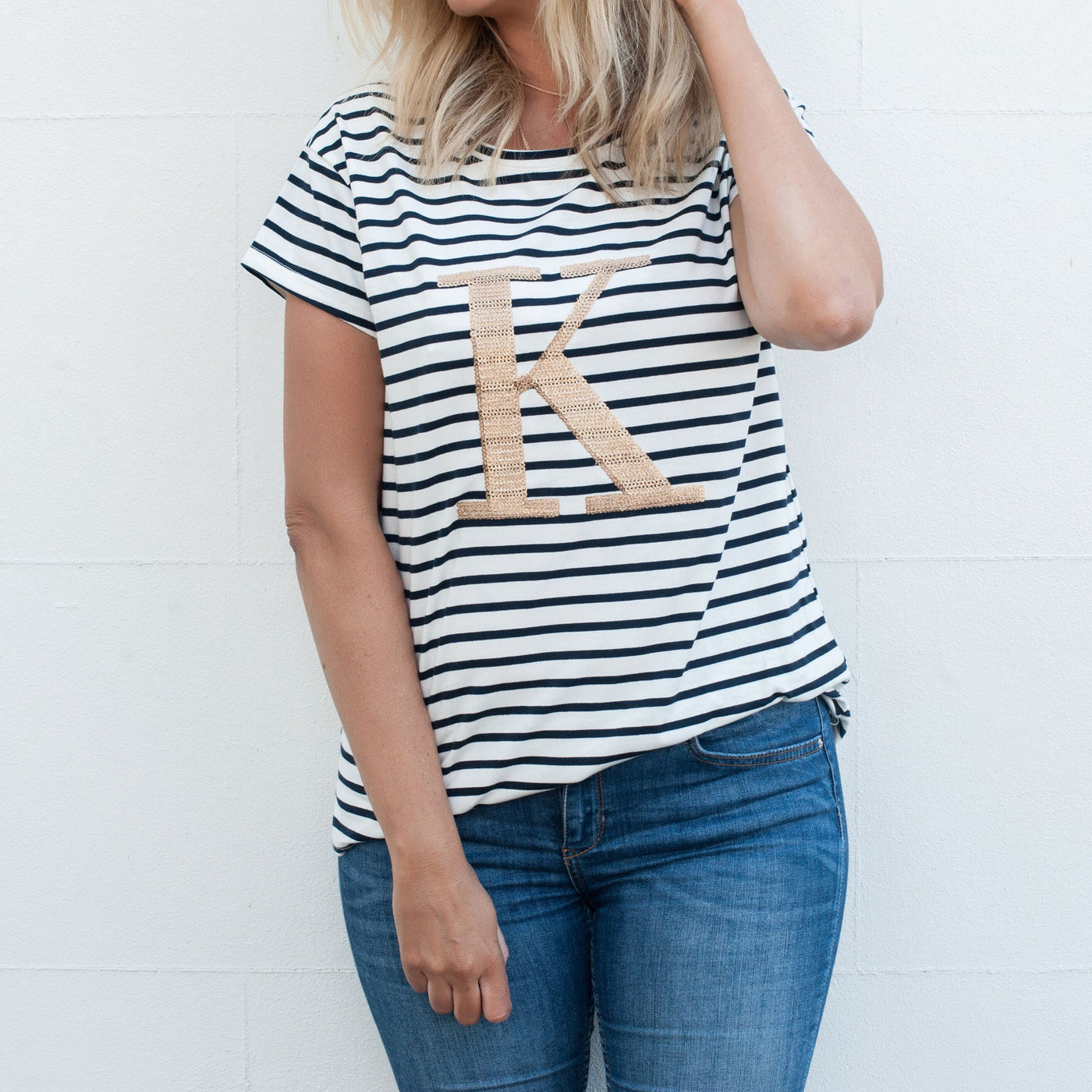 Women's Monogram T-Shirt - Navy Stripe with Gold Sequin - Branche Store