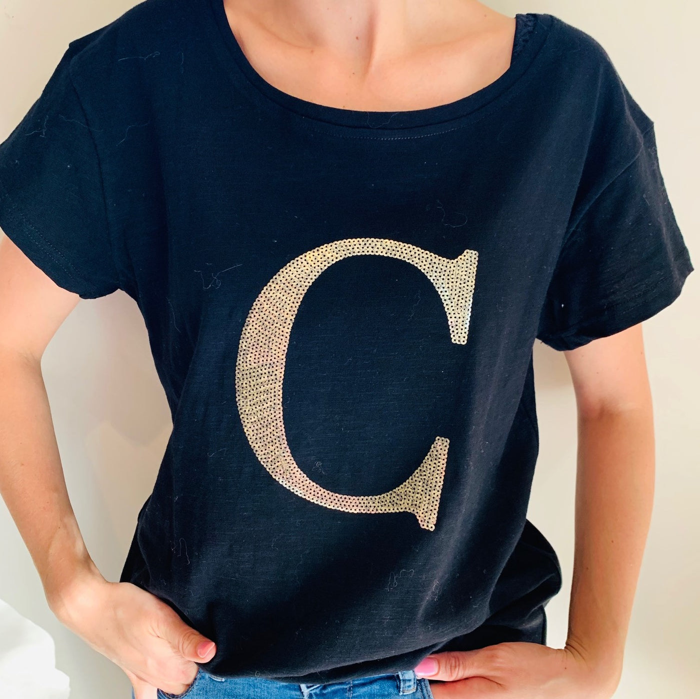 Women's Monogram T-Shirt - Black with Matt Gold Sequin - Branche Store